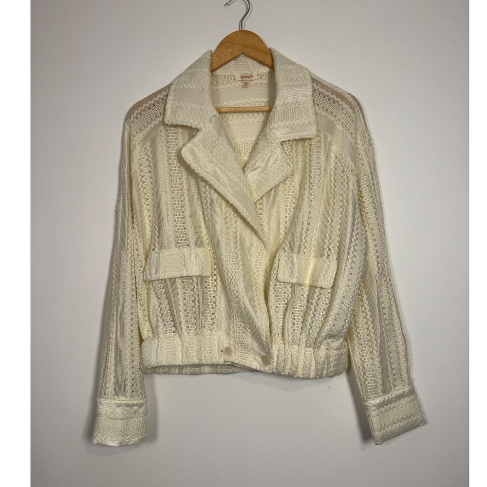 Boho Chic A Peach Lace Knit‎ Cropped Jacket Womens Size M Ivory Cream ZJ75015BK